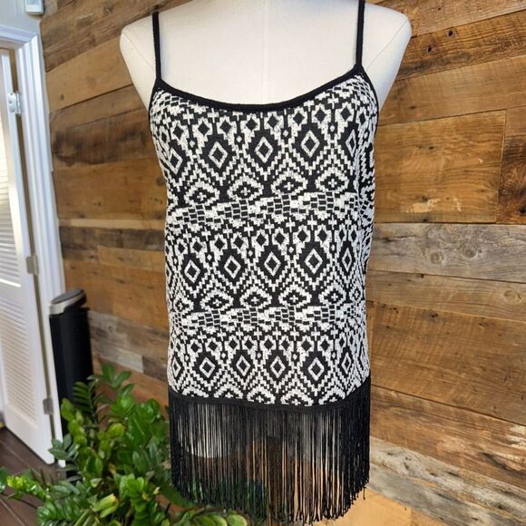 Freeway Black & White Tribal Fringe Tank Top Boho Festival Style sz M - Picture 4 of 13